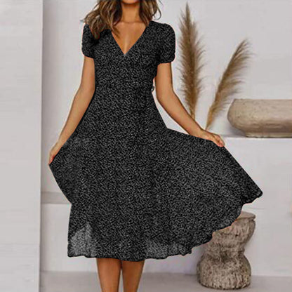 A-Line Summer Dress | Elegant V-Neck Floral Design-Casual Dresses-Mykonostore-Black-S-Mykonostore