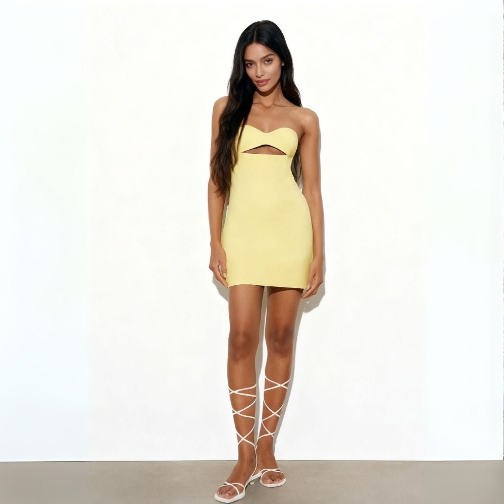A-line dress with an elegant cutout design, perfect for formal occasions. 0