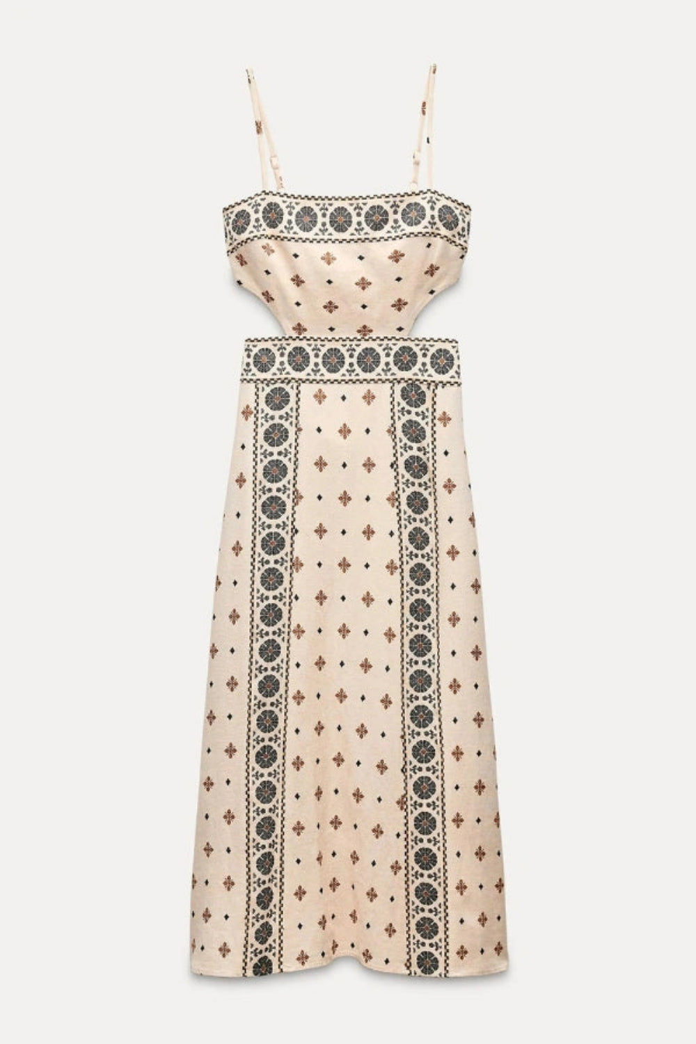 A-line dress featuring elegant embroidery and side cutouts, perfect for formal occasions. 4