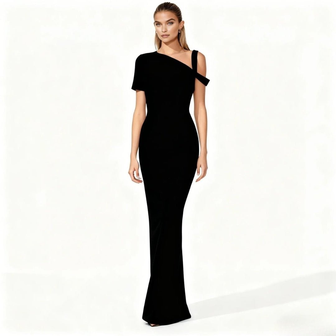 Asymmetrical midi dress with a fitted silhouette, perfect for formal events. 0