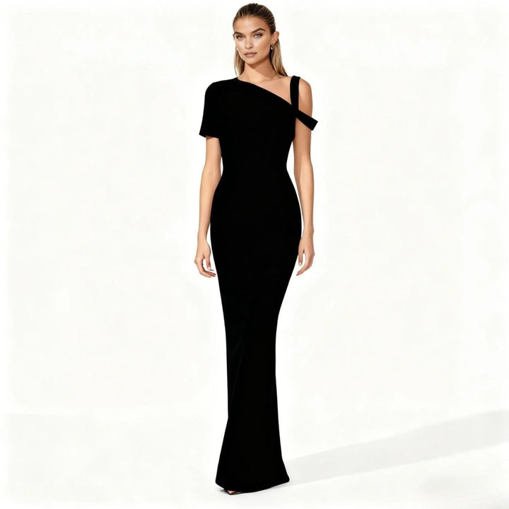 Asymmetrical midi dress with a fitted silhouette, perfect for formal events. 0
