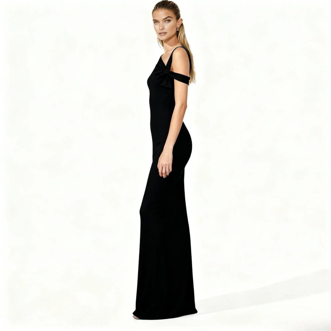 Asymmetrical midi dress with a fitted silhouette, perfect for formal events. 1