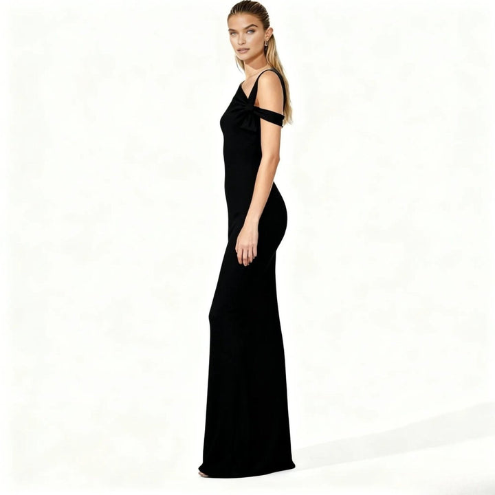 Asymmetrical midi dress with a fitted silhouette, perfect for formal events. 1