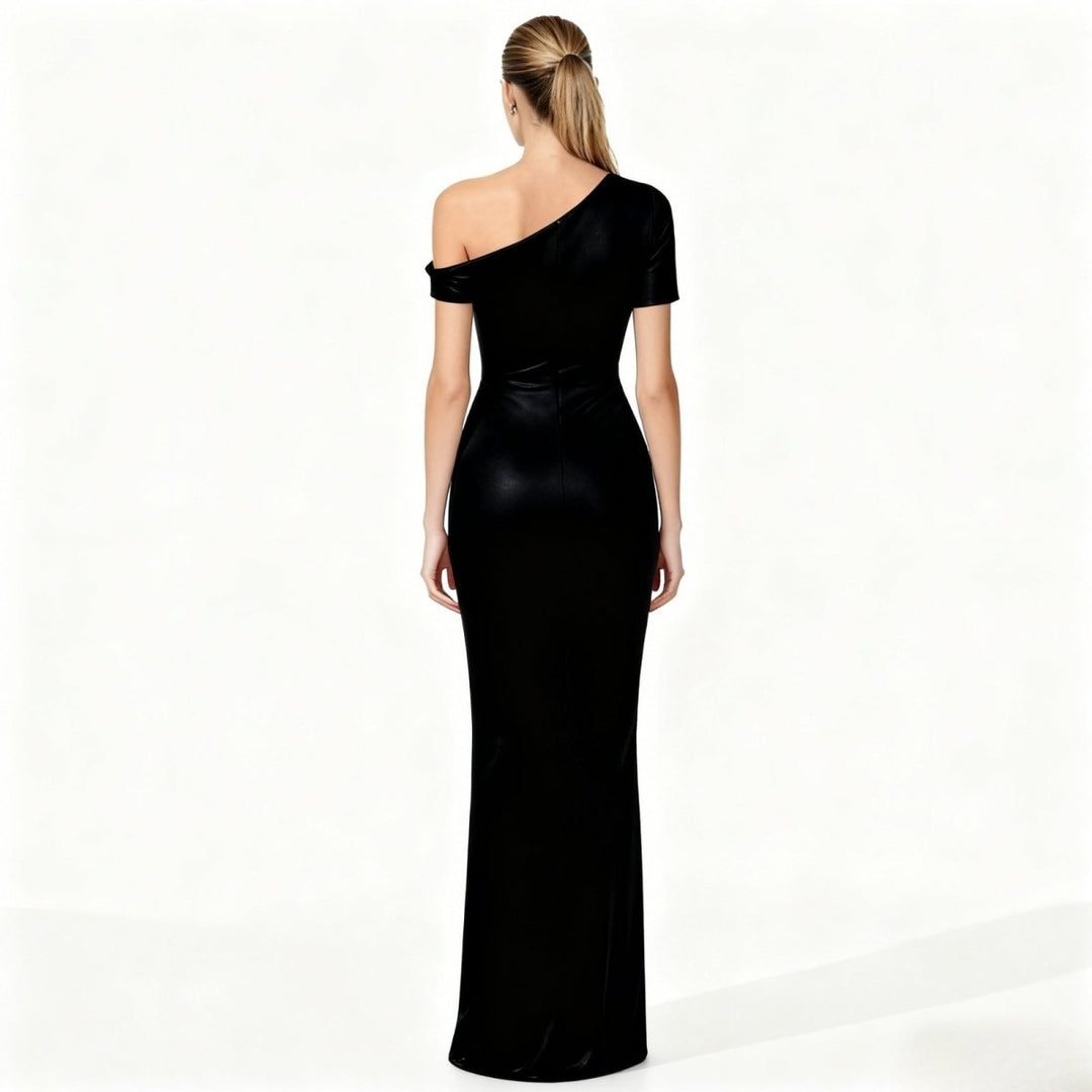 Asymmetrical midi dress with a fitted silhouette, perfect for formal events. 2