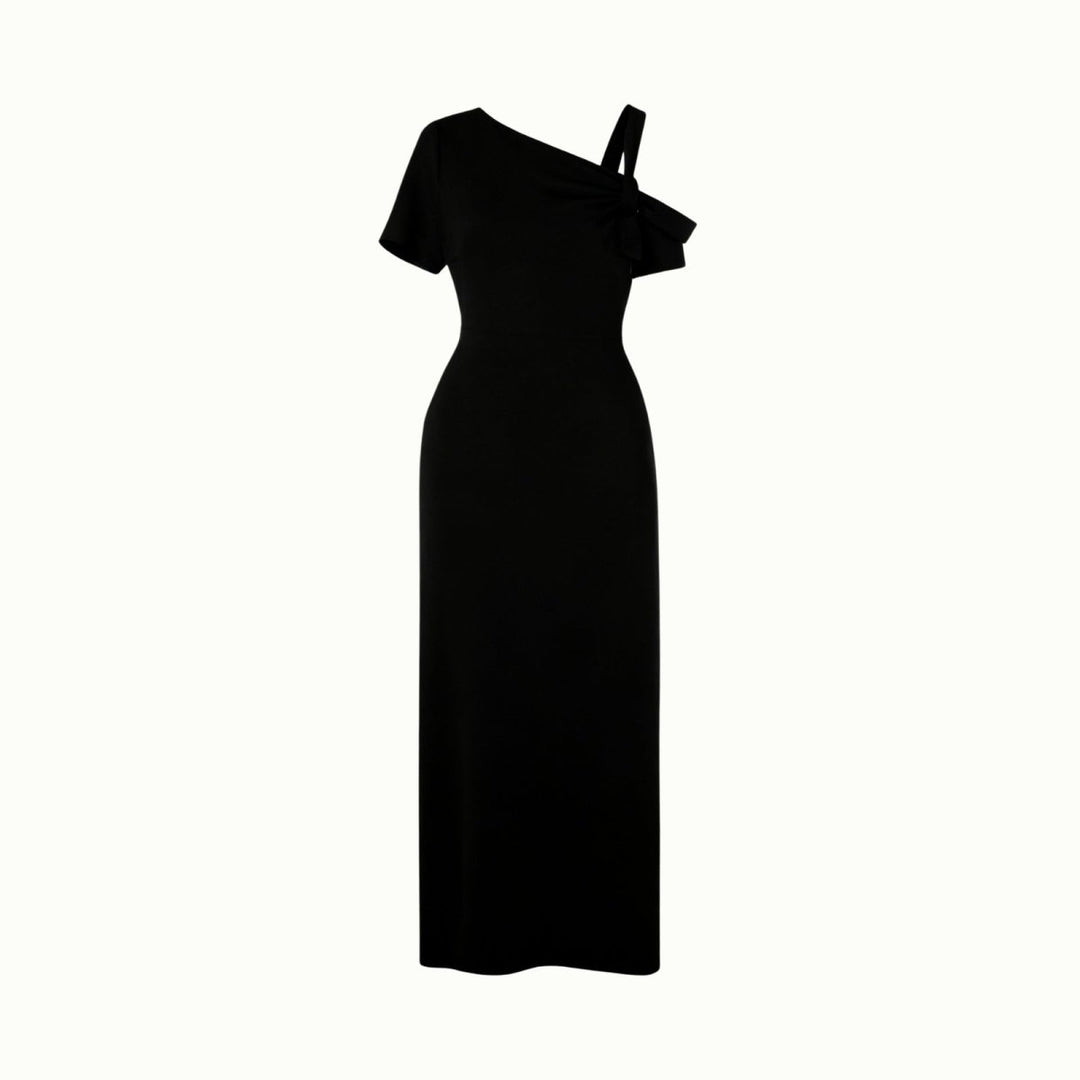 Asymmetrical midi dress with a fitted silhouette, perfect for formal events. 3
