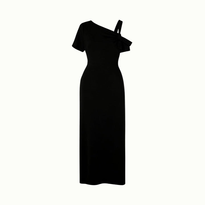 Asymmetrical midi dress with a fitted silhouette, perfect for formal events. 3