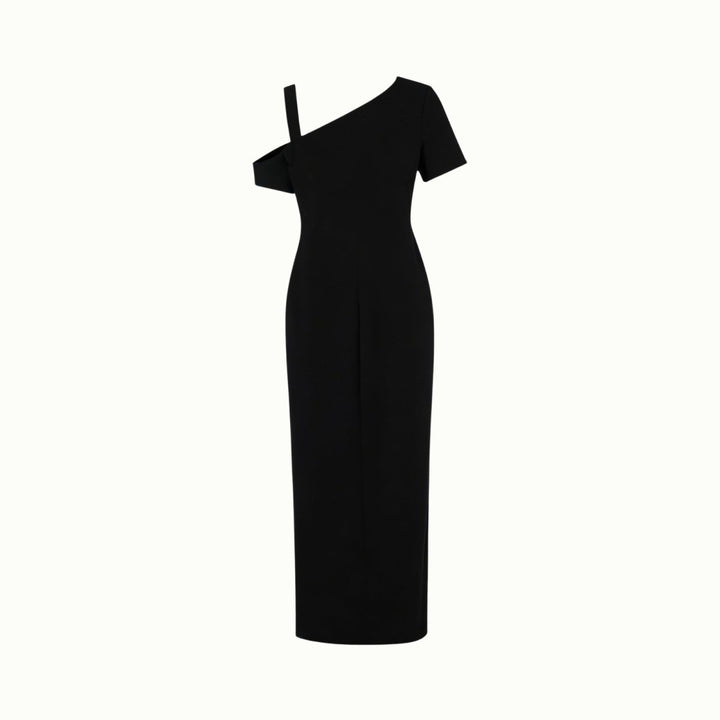 Asymmetrical midi dress with a fitted silhouette, perfect for formal events. 4