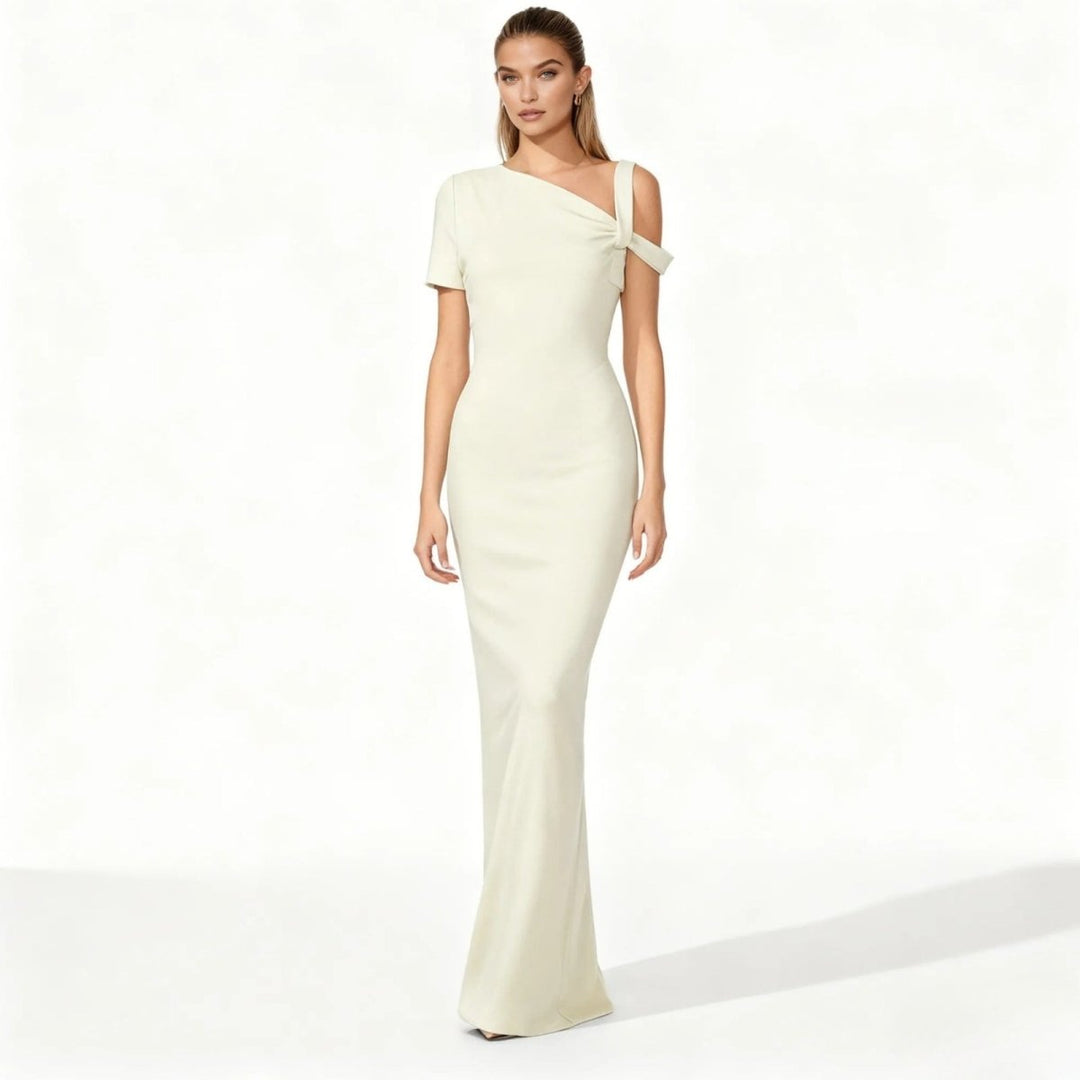 Asymmetrical midi dress with a fitted silhouette, perfect for formal events. 5