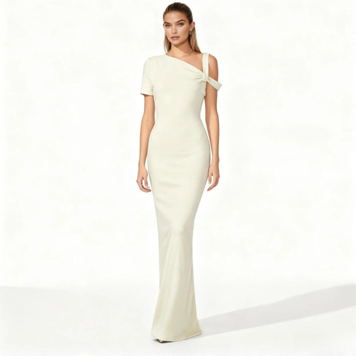 Asymmetrical midi dress with a fitted silhouette, perfect for formal events. 5
