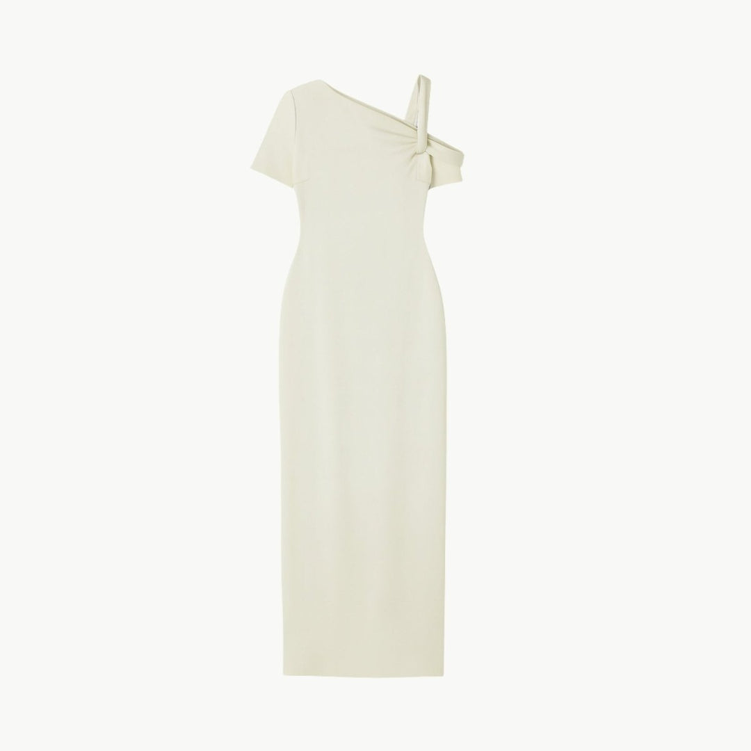 Asymmetrical midi dress with a fitted silhouette, perfect for formal events. 8