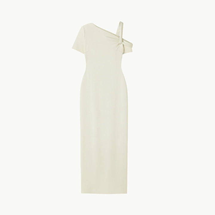 Asymmetrical midi dress with a fitted silhouette, perfect for formal events. 8