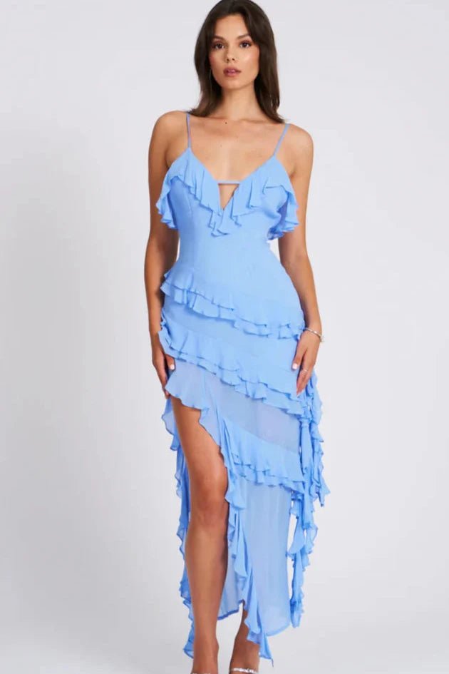 Asymmetrical spaghetti strap dress with ruffled design, perfect for a summer outing. 1