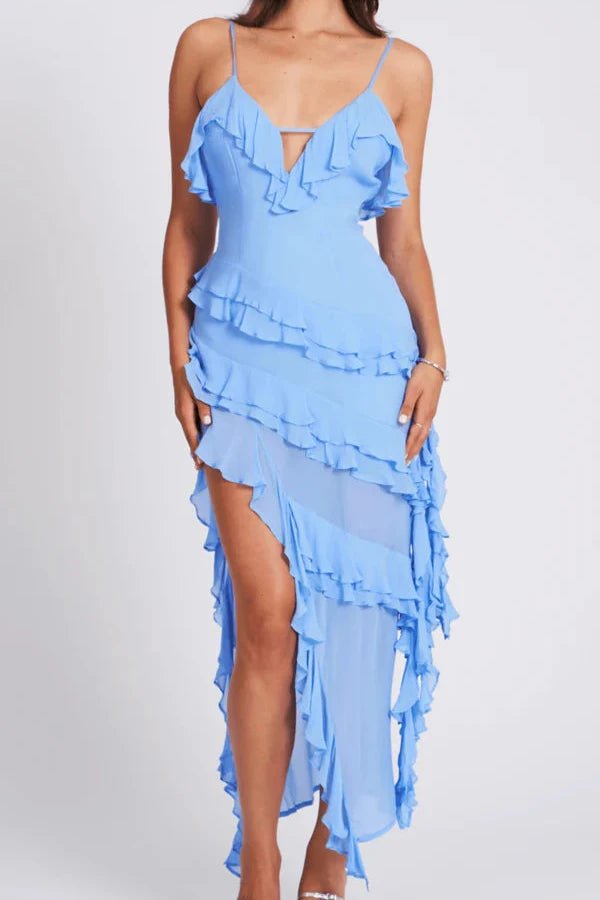 Asymmetrical spaghetti strap dress with ruffled design, perfect for a summer outing. 6