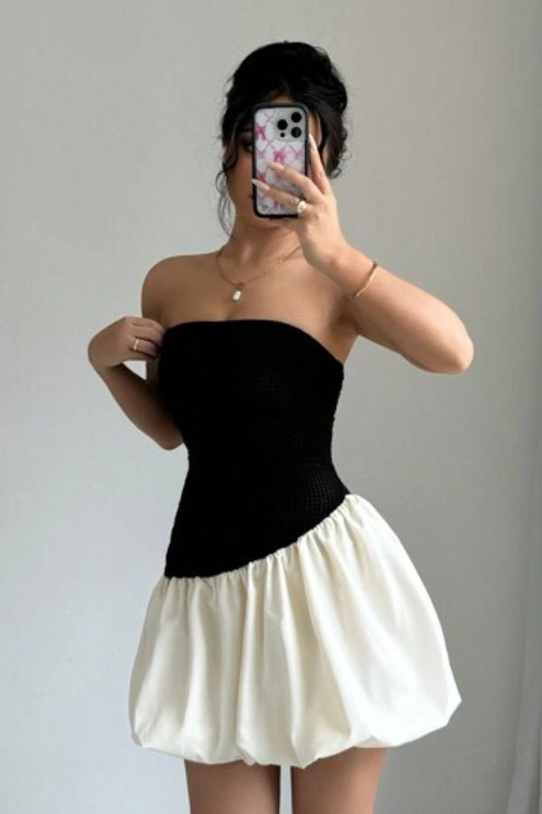 Strapless bubble skirt dress with a chic silhouette, perfect for formal occasions. 0