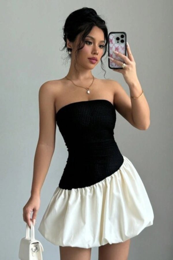 Strapless bubble skirt dress with a chic silhouette, perfect for formal occasions. 4