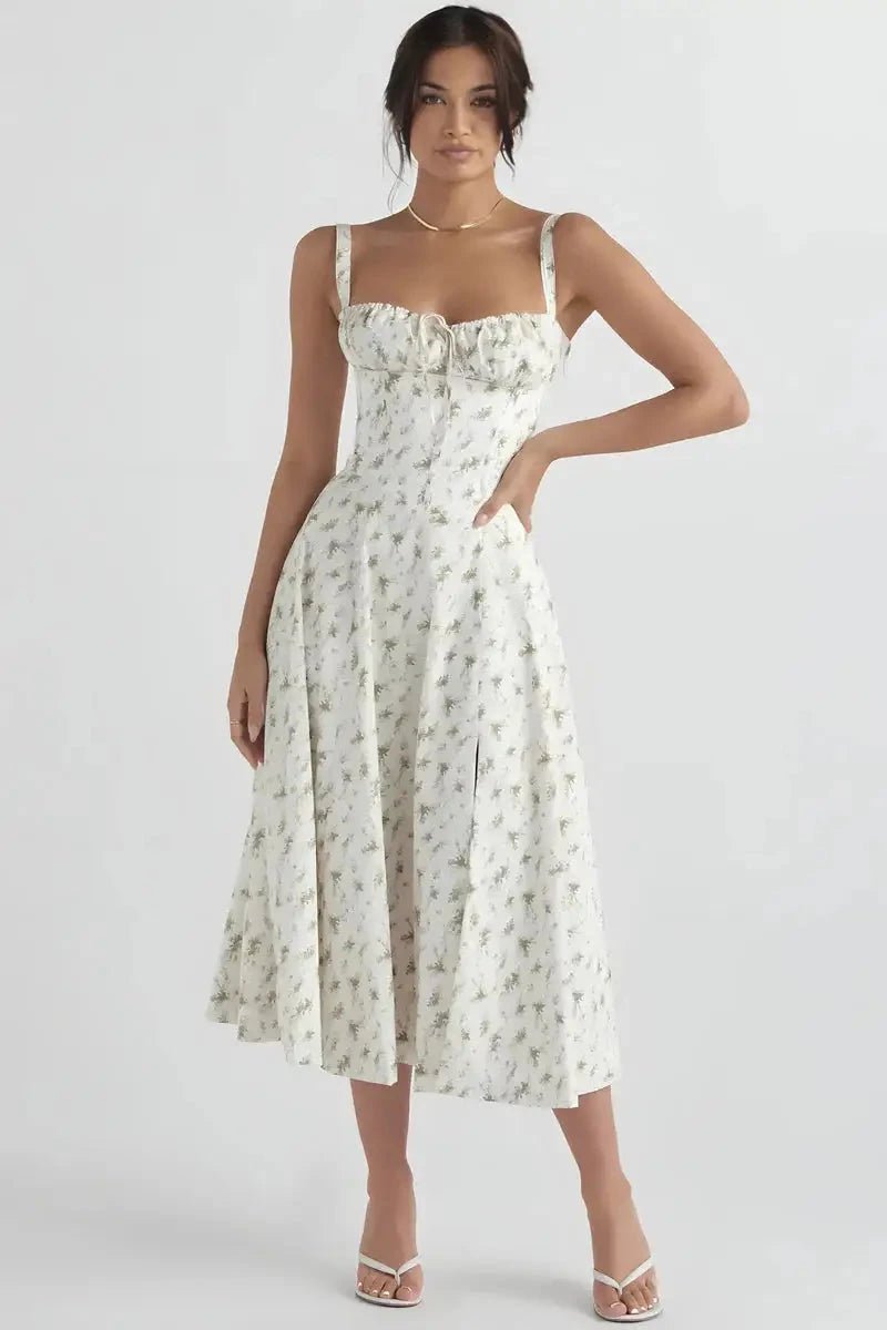 Bustier dress featuring a flared skirt and a side slit, perfect for formal occasions. 0