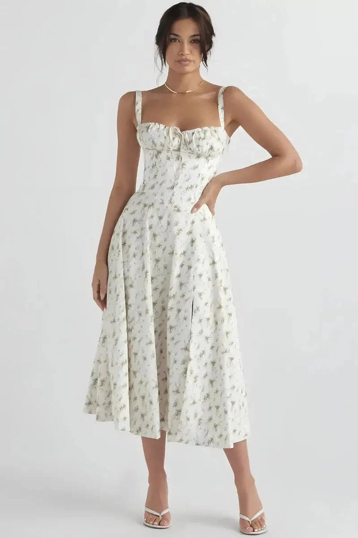 Bustier dress featuring a flared skirt and a side slit, perfect for formal occasions. 0
