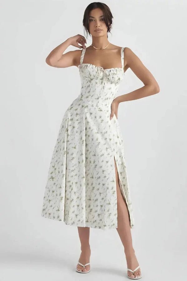 Bustier dress featuring a flared skirt and a side slit, perfect for formal occasions. 1