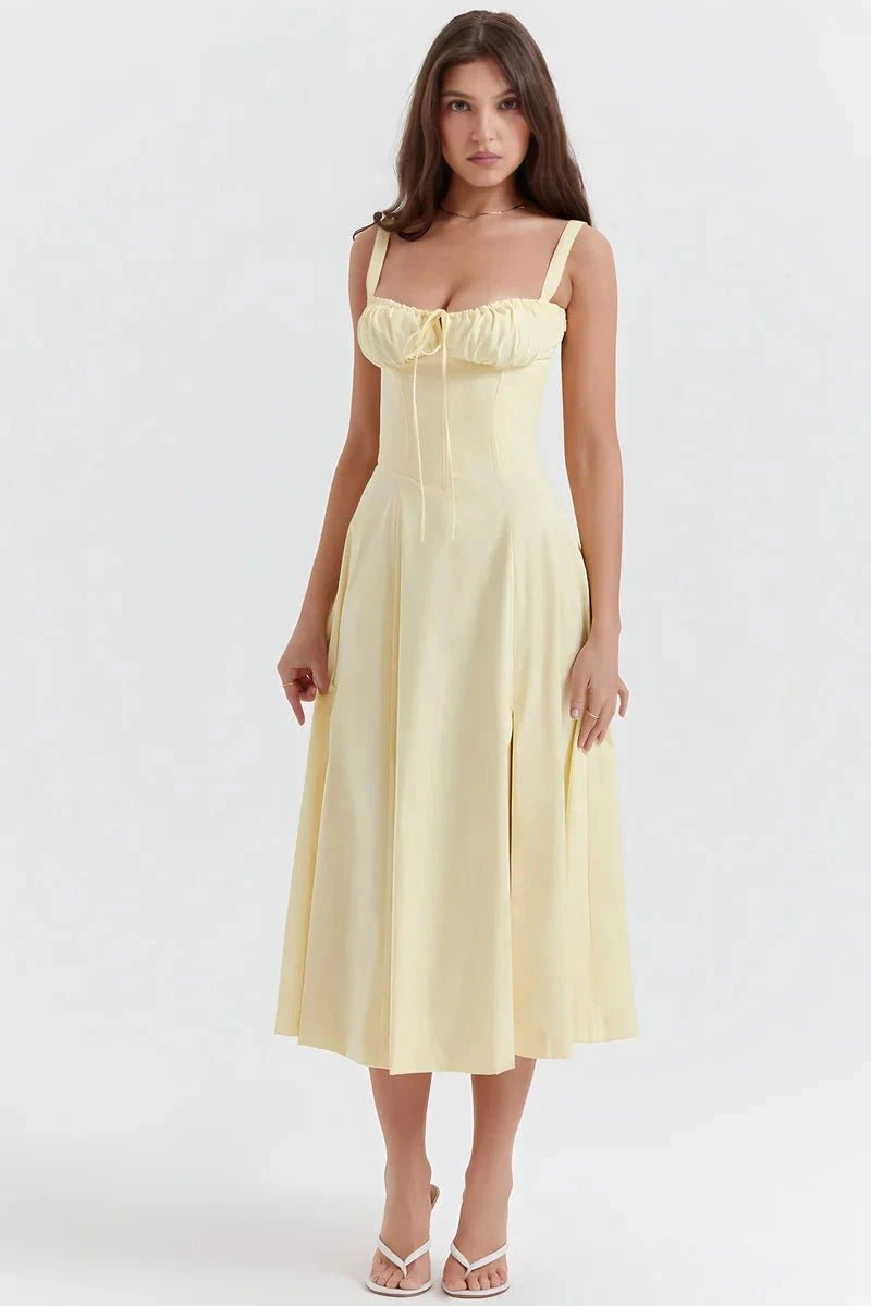 Bustier dress featuring a flared skirt and a side slit, perfect for formal occasions. 10
