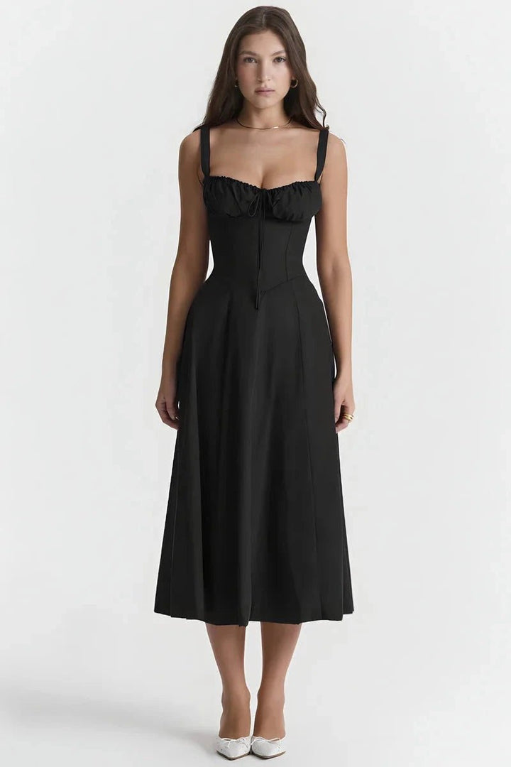 Bustier dress featuring a flared skirt and a side slit, perfect for formal occasions. 11