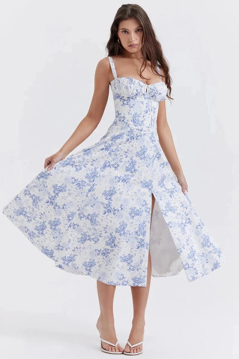 Bustier dress featuring a flared skirt and a side slit, perfect for formal occasions. 12