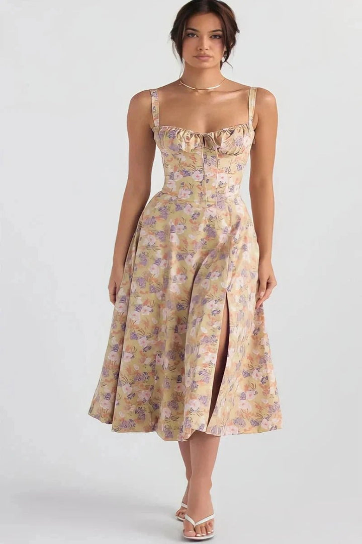 Bustier dress featuring a flared skirt and a side slit, perfect for formal occasions. 13