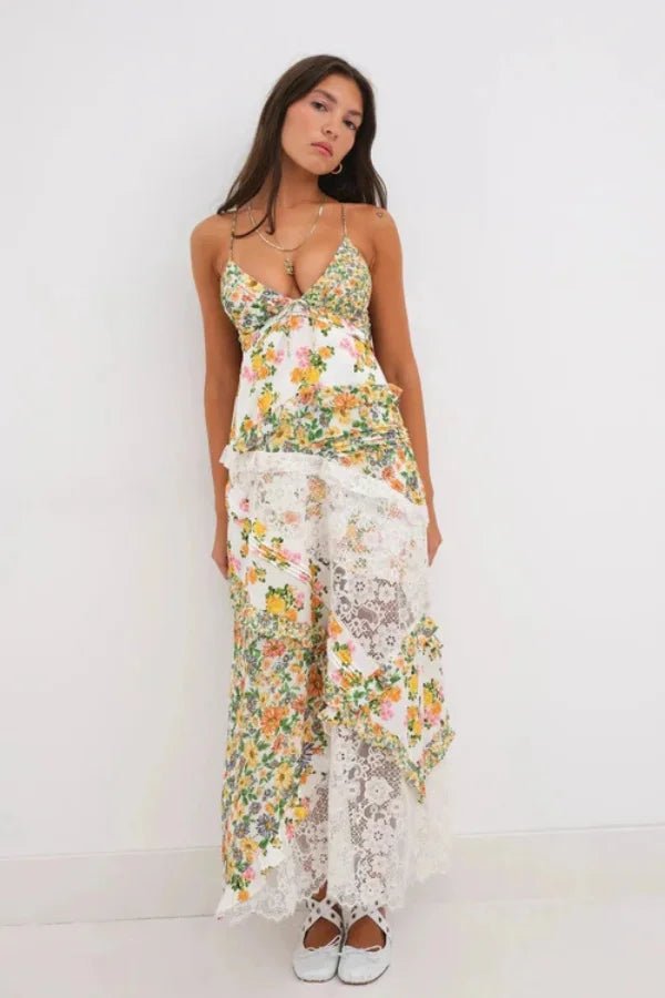 Chic dress featuring a plunging neckline and ruffle details, elegant silhouette suitable for formal occasions. 1