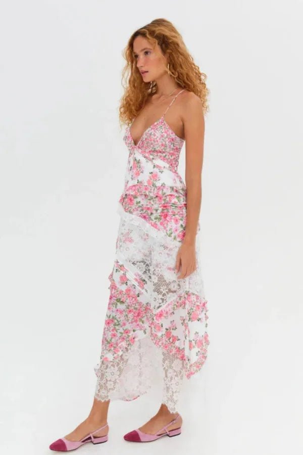Chic dress featuring a plunging neckline and ruffle details, elegant silhouette suitable for formal occasions. 5