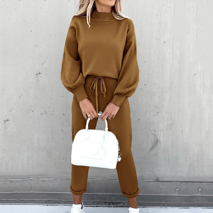 Co-ord Set | Balloon Sleeves, High Neck Design-Loungewear-Mykonostore-Coffee-S-Mykonostore
