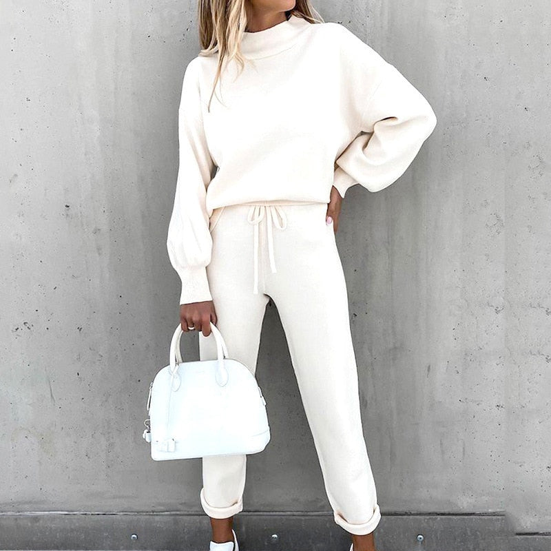 Co-ord Set | Balloon Sleeves, High Neck Design-Loungewear-Mykonostore-White-S-Mykonostore