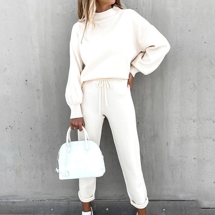 Co-ord Set | Balloon Sleeves, High Neck Design-Loungewear-Mykonostore-White-S-Mykonostore