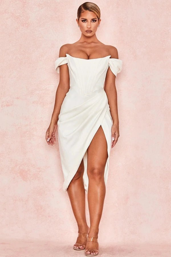 Corset dress with an asymmetrical draped skirt, elegant silhouette for formal occasions. 0