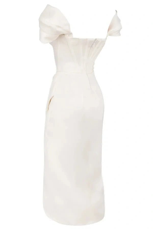 Corset dress with an asymmetrical draped skirt, elegant silhouette for formal occasions. 4