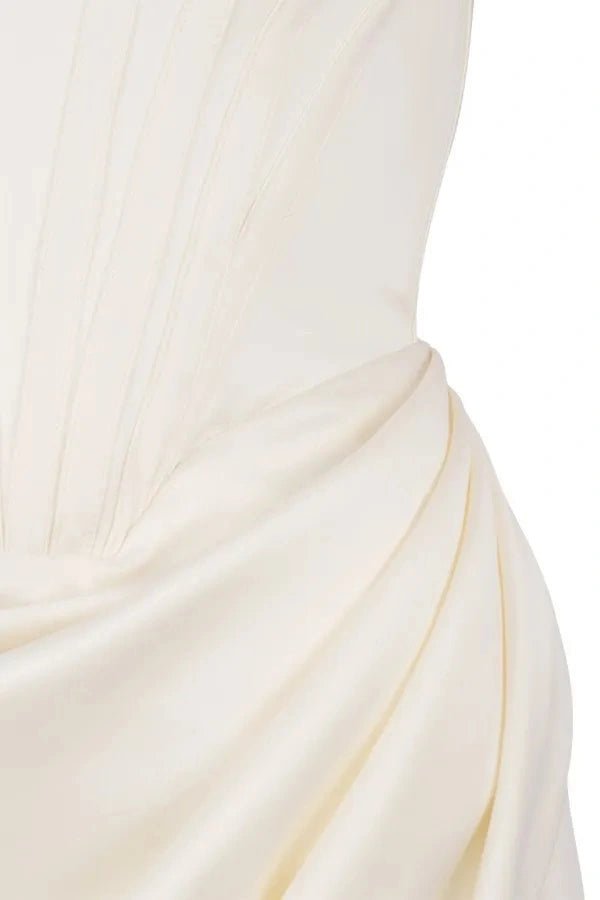 Corset dress with an asymmetrical draped skirt, elegant silhouette for formal occasions. 6