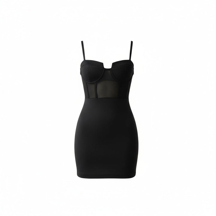 Corset dress featuring a structured bodice and sheer mesh paneling, perfect for formal occasions. 4