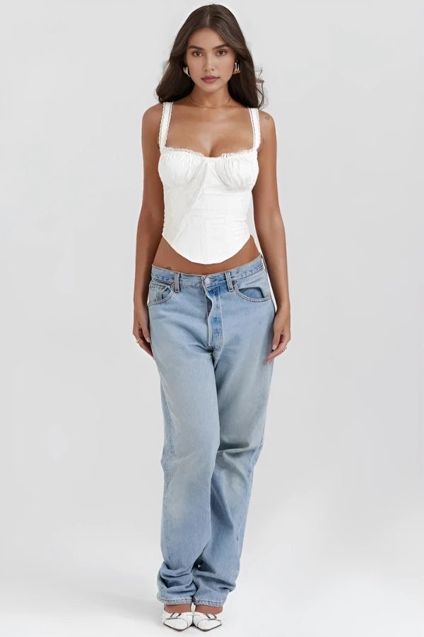 Corset top featuring a structured bodice and vintage lace-up back design, perfect for formal occasions. 0