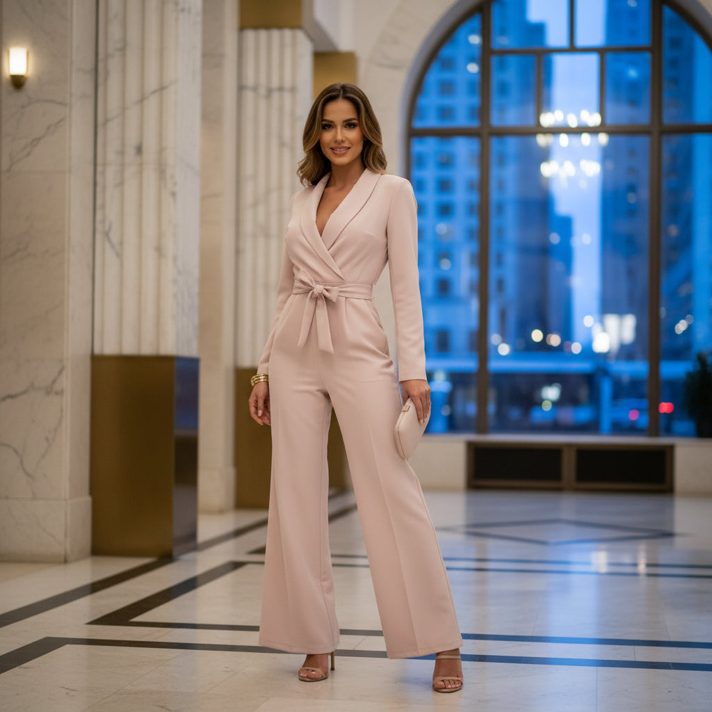 Elegant Jumpsuit | Fitted Waist, Long Sleeves, Wide Legs-Women's Jumpsuits & Rompers-Mykonostore-Beige-S-Mykonostore