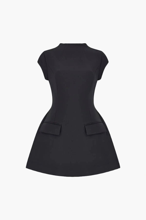 A-line dress with structured cap sleeves, perfect for formal events. 1