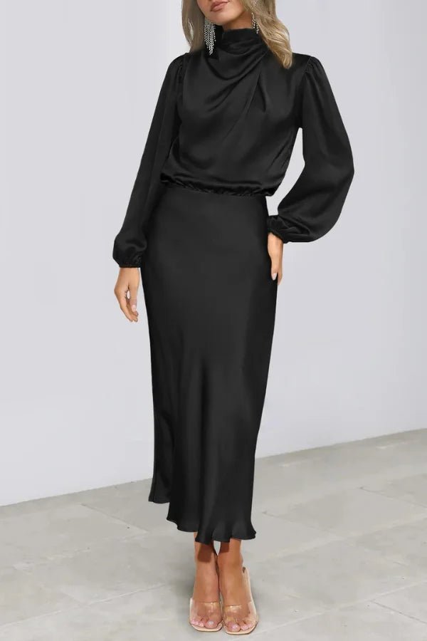 Ankle length dress with a half turtleneck design, featuring a sleek silhouette suitable for formal occasions. 0