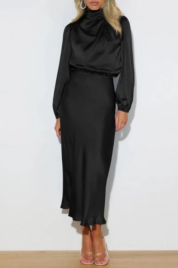 Ankle length dress with a half turtleneck design, featuring a sleek silhouette suitable for formal occasions. 1