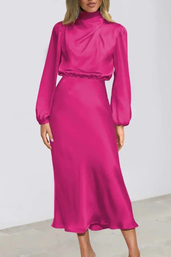 Ankle length dress with a half turtleneck design, featuring a sleek silhouette suitable for formal occasions. 12