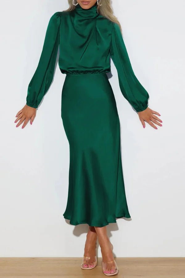 Ankle length dress with a half turtleneck design, featuring a sleek silhouette suitable for formal occasions. 3