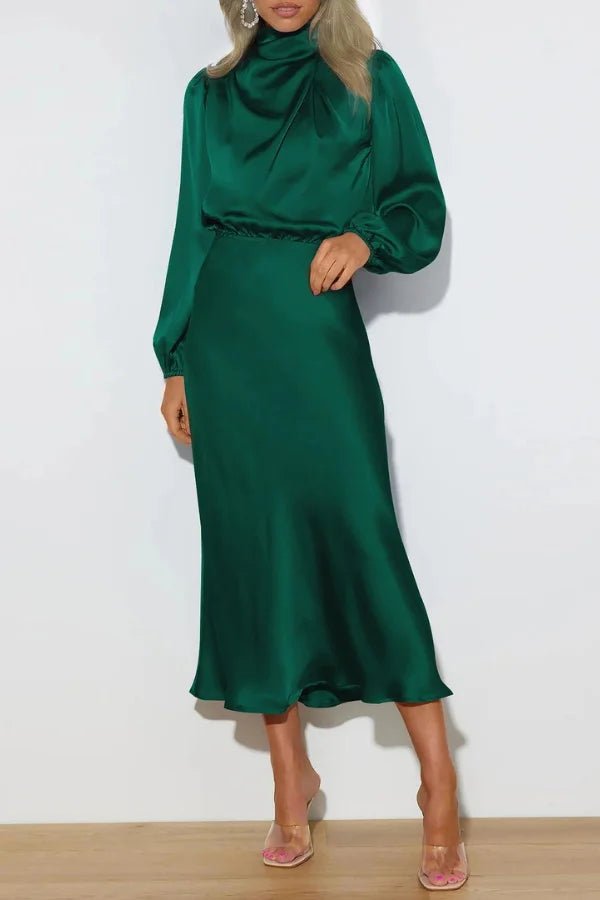 Ankle length dress with a half turtleneck design, featuring a sleek silhouette suitable for formal occasions. 4