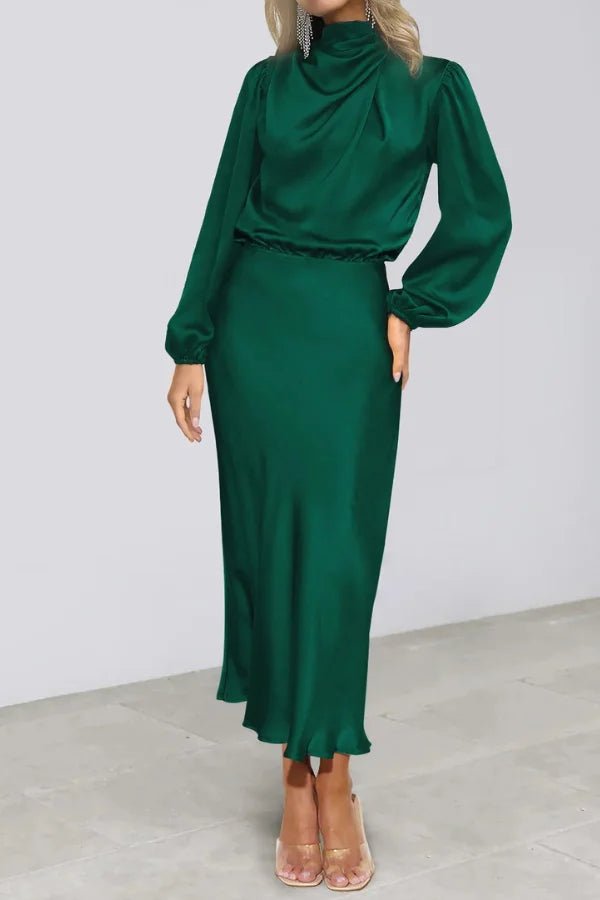 Ankle length dress with a half turtleneck design, featuring a sleek silhouette suitable for formal occasions. 5