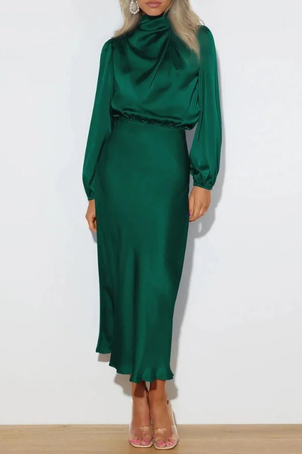 Ankle length dress with a half turtleneck design, featuring a sleek silhouette suitable for formal occasions. 6