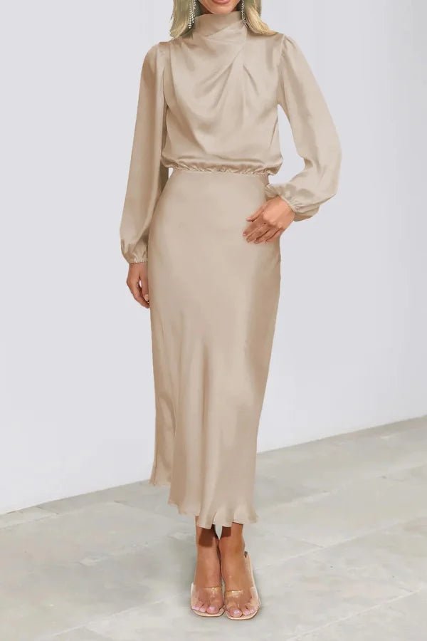 Ankle length dress with a half turtleneck design, featuring a sleek silhouette suitable for formal occasions. 9