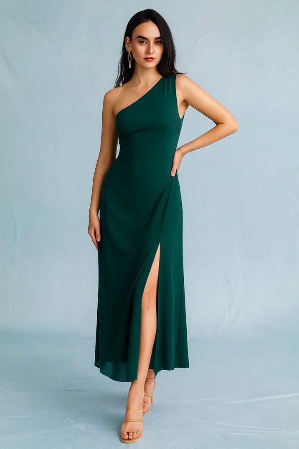 Elegant gown featuring an asymmetrical neckline and a thigh-high slit, perfect for formal occasions. 0