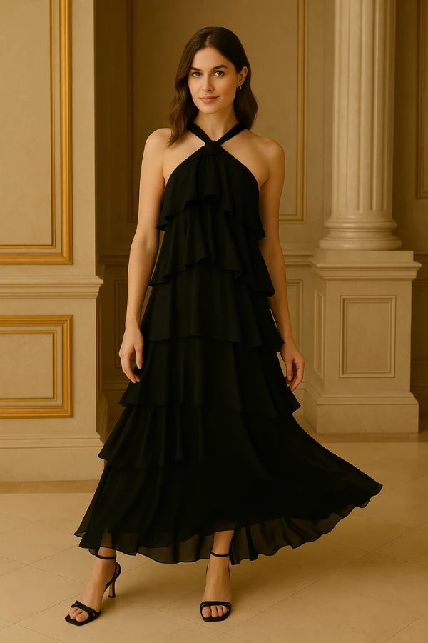 Elegant gown featuring a halter neckline and tiered design, perfect for formal occasions. 0