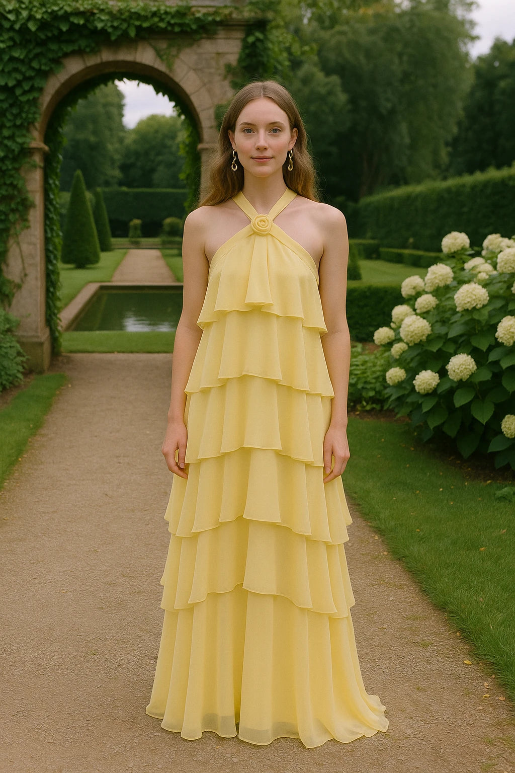 Elegant gown featuring a halter neckline and tiered design, perfect for formal occasions. 10