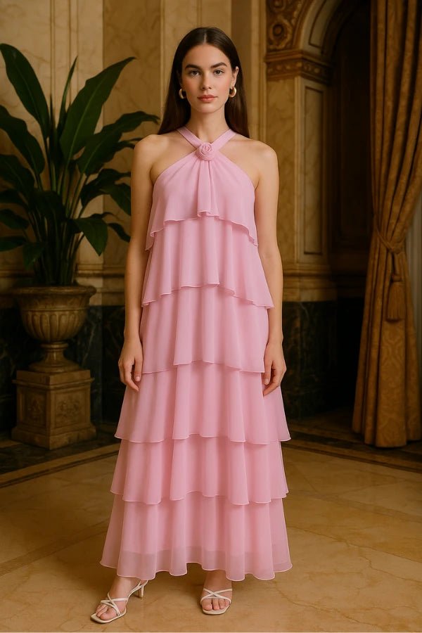 Elegant gown featuring a halter neckline and tiered design, perfect for formal occasions. 12